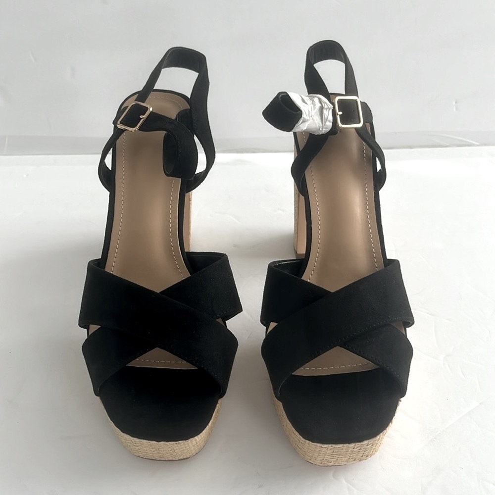 JUSTFAB Tina Crossover Platform Sandal Black Chunky Block Heel Shoes Size 10 New - Picture 5 of 7